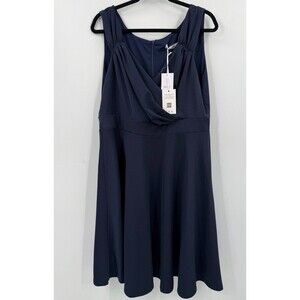 Grace Karin 2XL Dress Navy Blue Faux Wrap Sleeveless A-Line Pleated V-Neck Knit